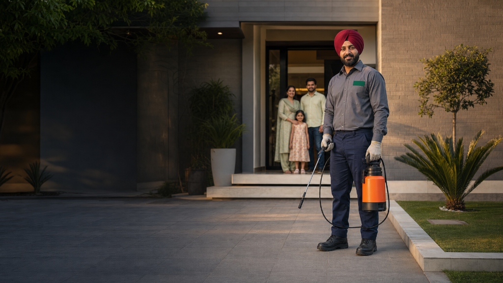 Professional OPC pest-control technician outside a home
